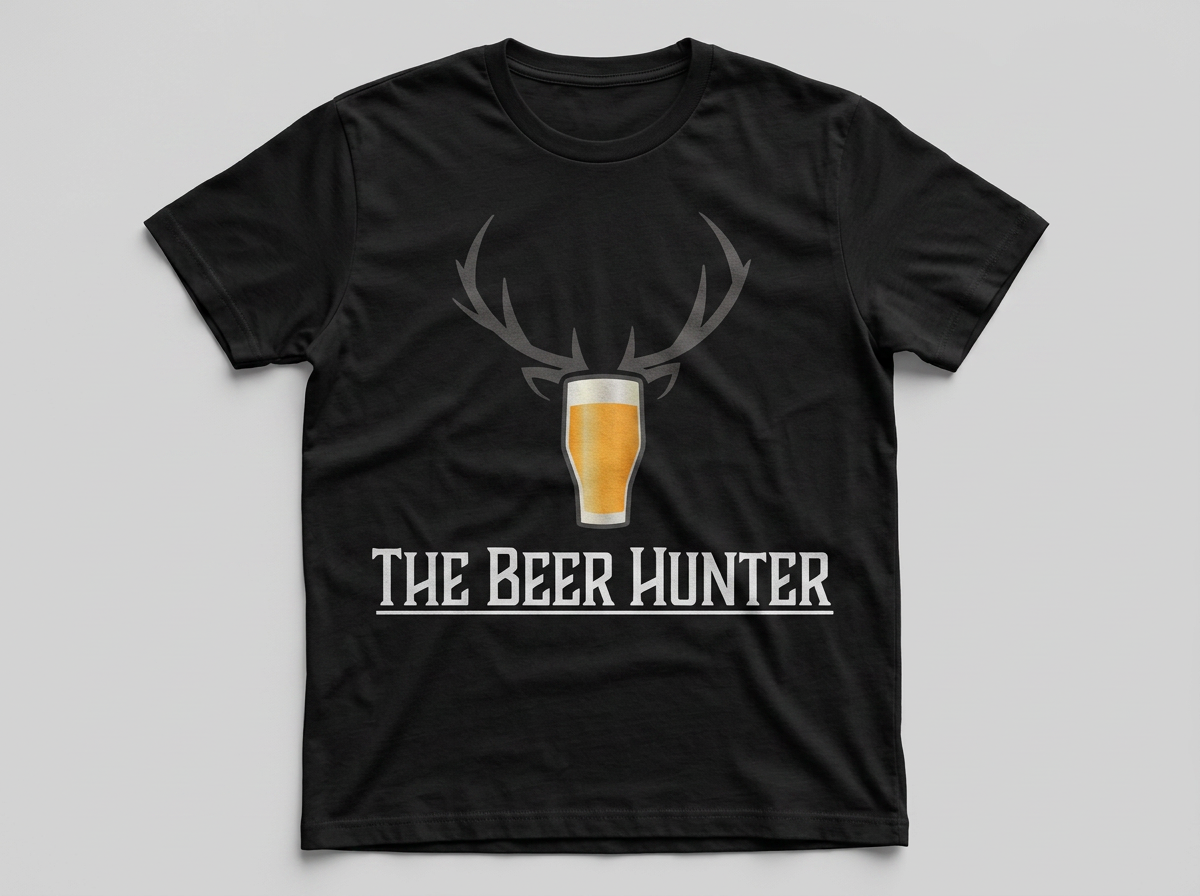 Custom screen printed black t-shirt with The Beer Hunter logo